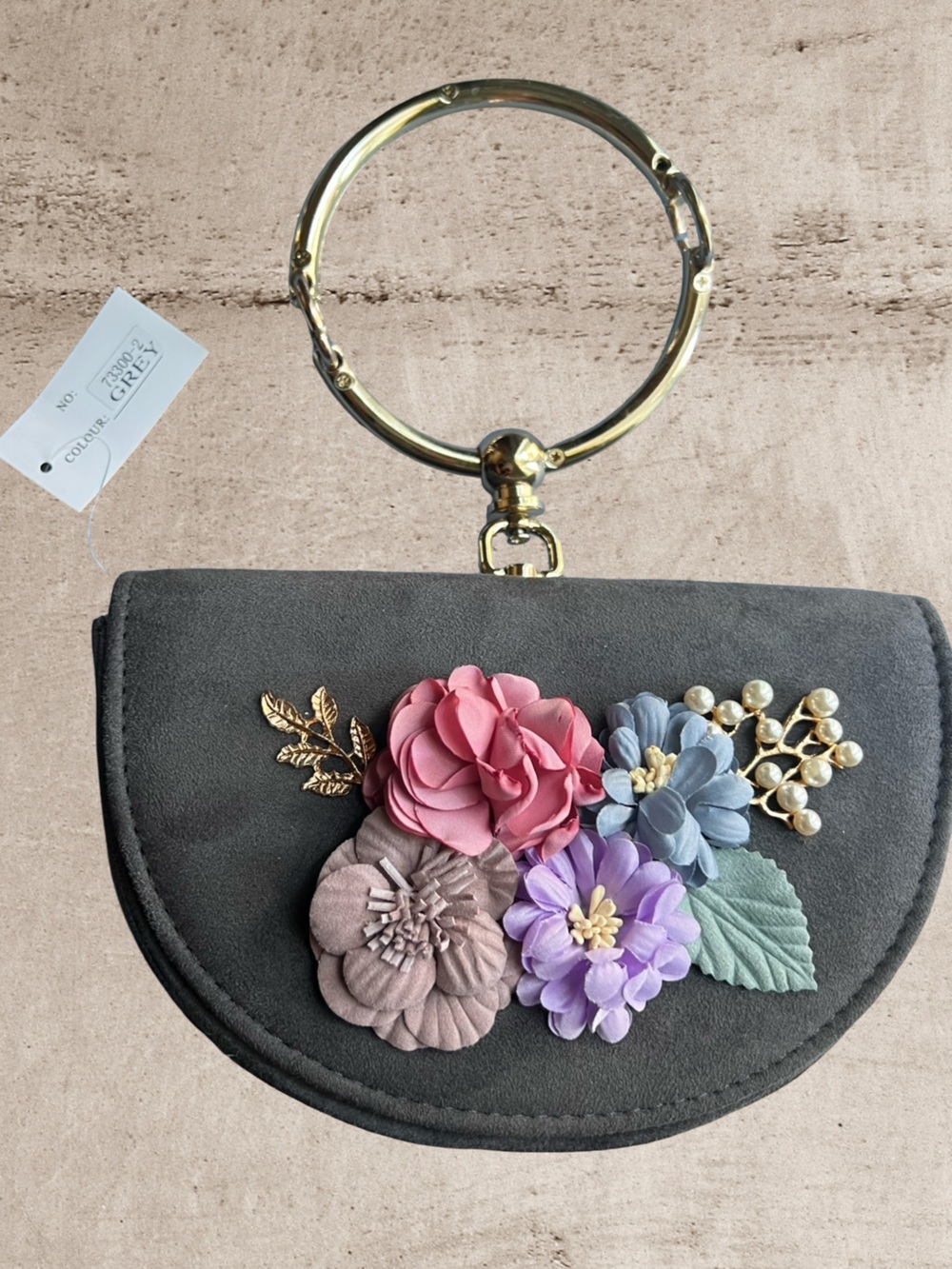 Elegant Charcoal Grey Half-Moon Evening Clutch with 3D Floral Embellishments